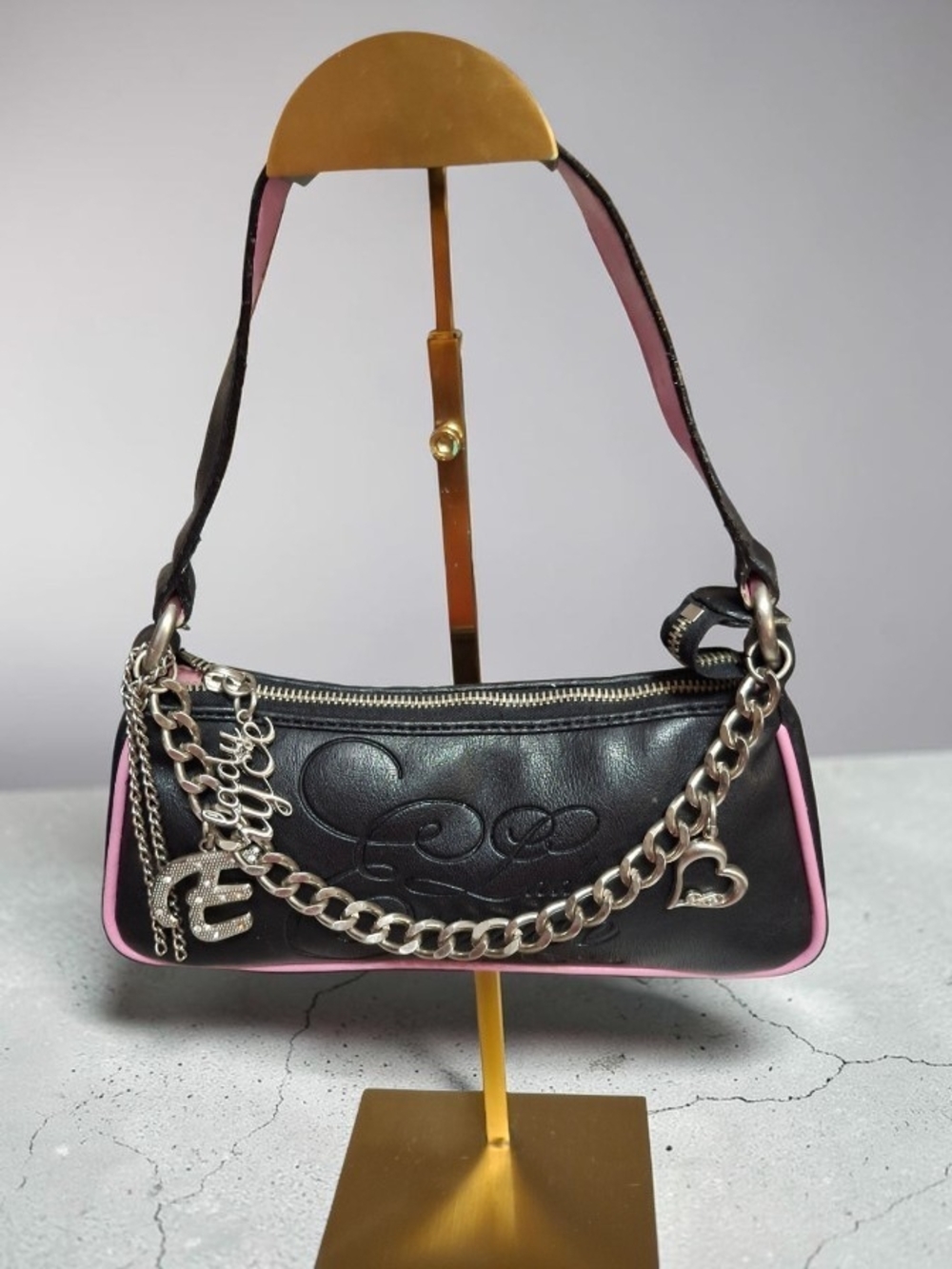 Lady Enyce Y2k Mini Baguette Black Pink Shoulder Bag with Silver Chain Charms